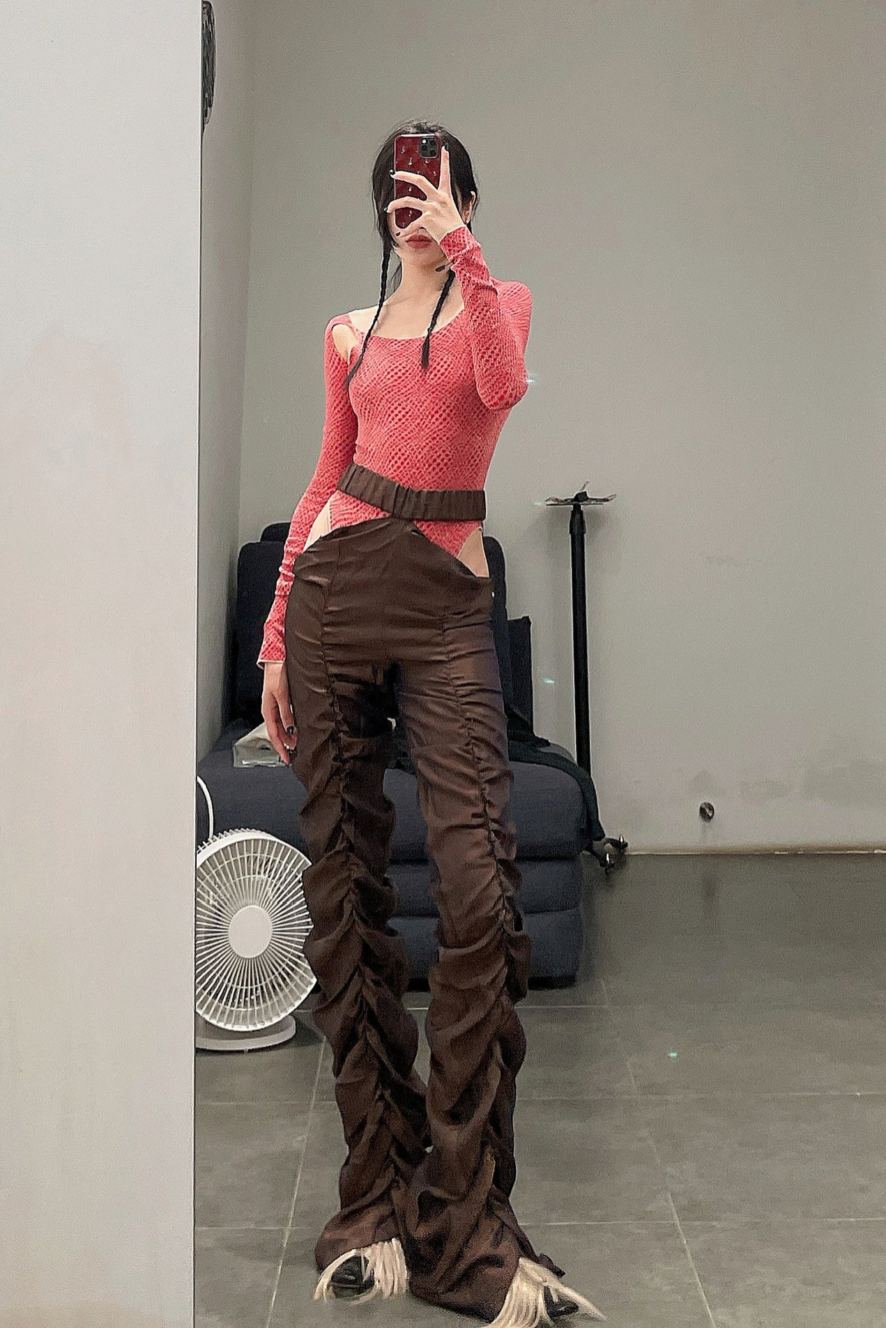 RUI Knit Jacquard Long Sleeve Bodysuit RAW22KN10 Ruby&Ficelle Red&Camel Brown - Image 7