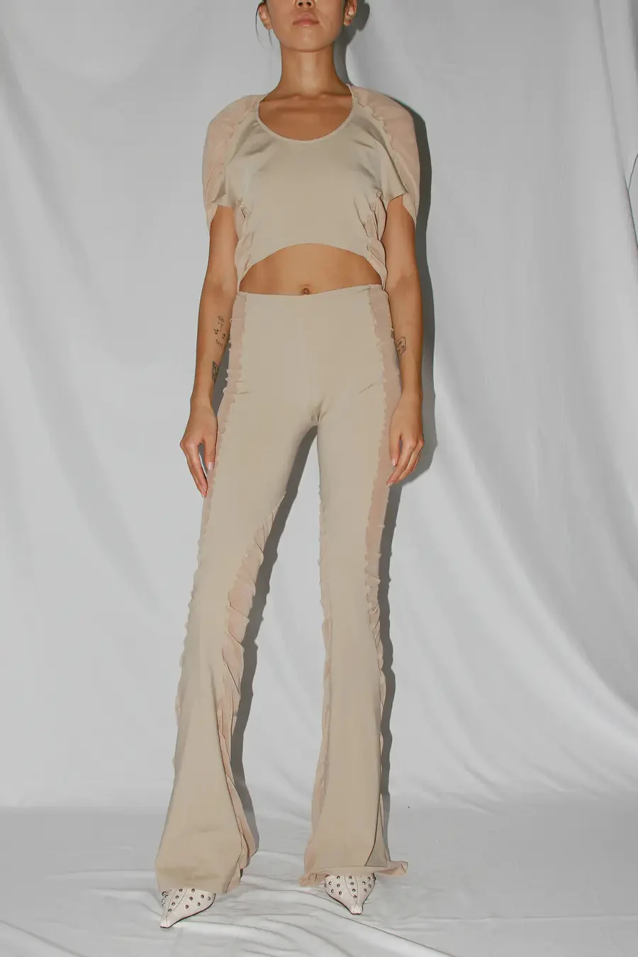 RUI mesh printed patchwork flared pants RUI-RSS24WV08-YANMAI Oatmealw/Print oatmeal/print - Image 3