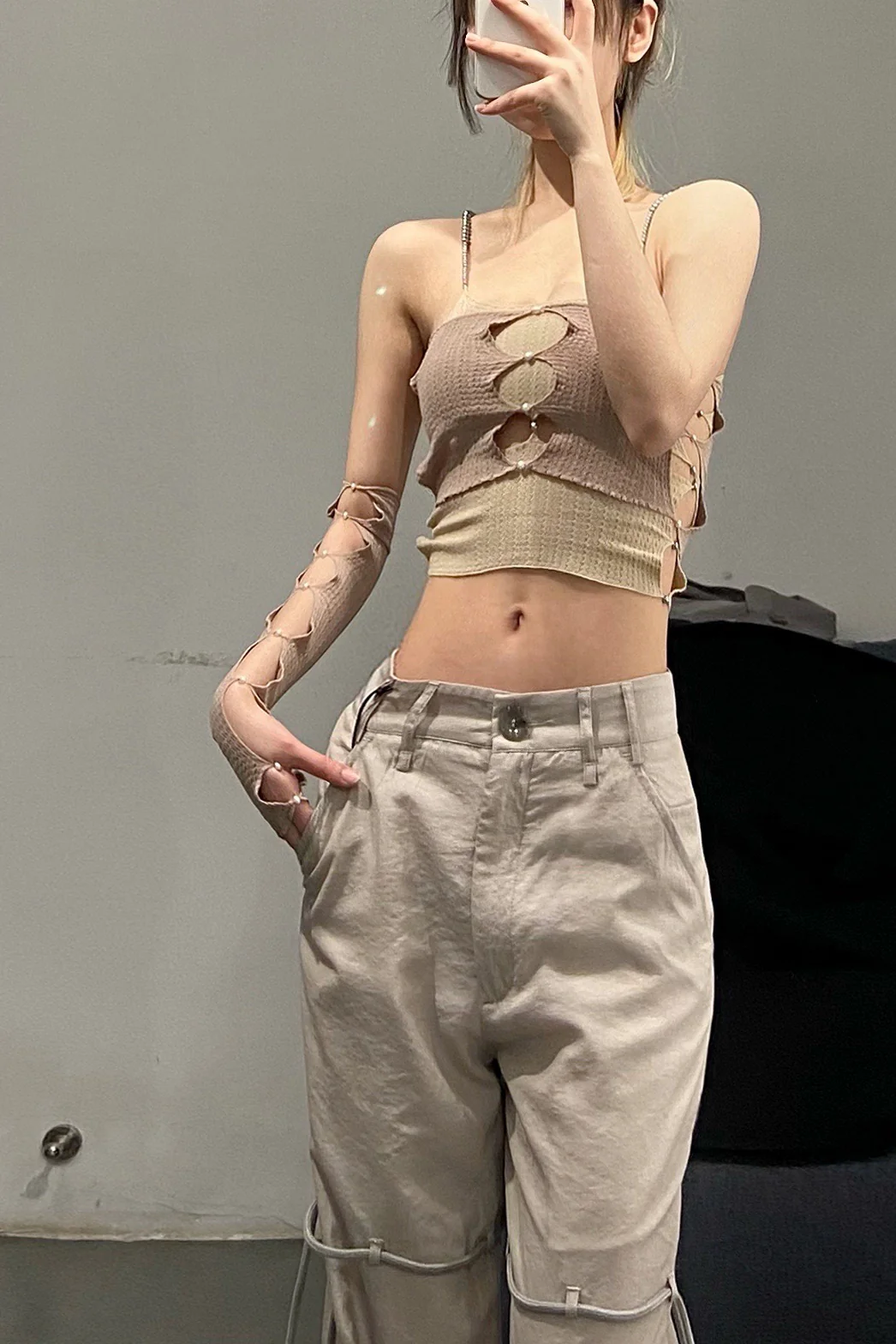 Rui Zhou Pearl Chain Tube Top Handmade Skin-friendly RUI-R008-AW20-HUIFEN Gray Pink - Image 5