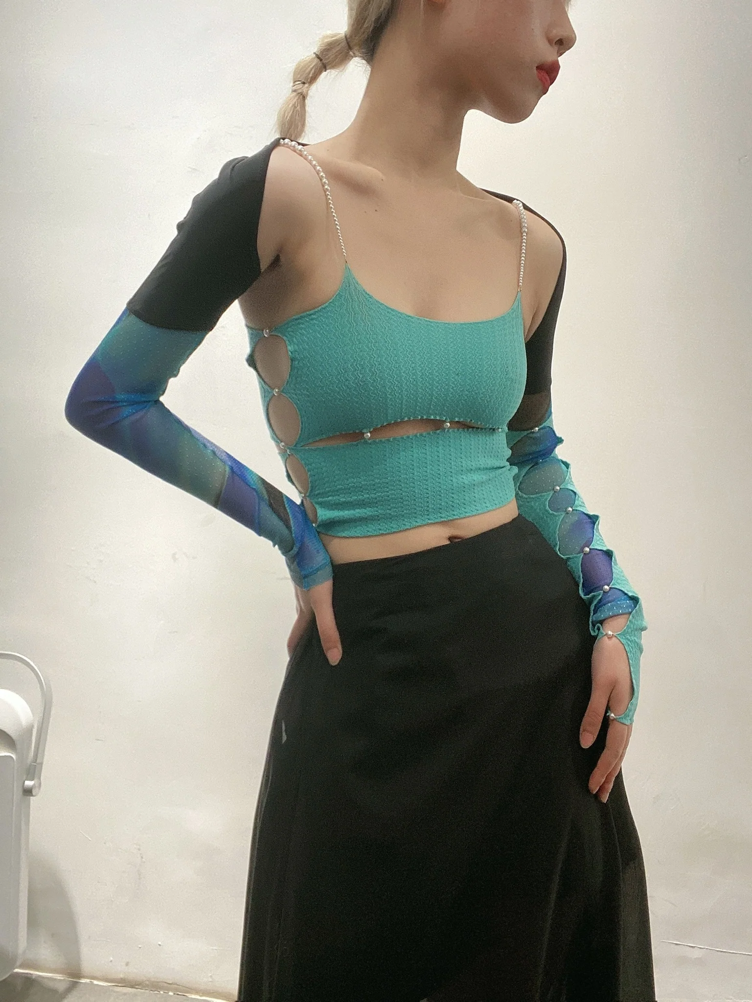 Rui Zhou R009 series horizontal cut pearl chain tube top skin-friendly stretch handmade RUI-R009-AW20-LVSS turquoise - Image 2