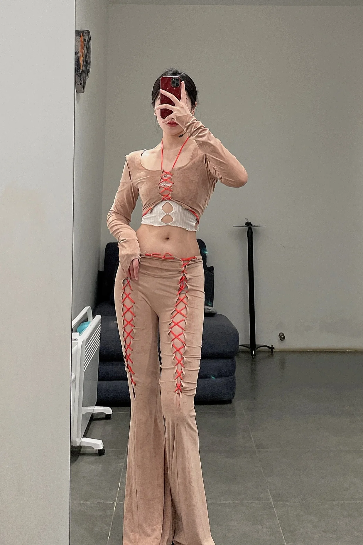 RUI Suede Lace-Up Flare Pants RSS22WV05 Ficelle Beige - Image 14
