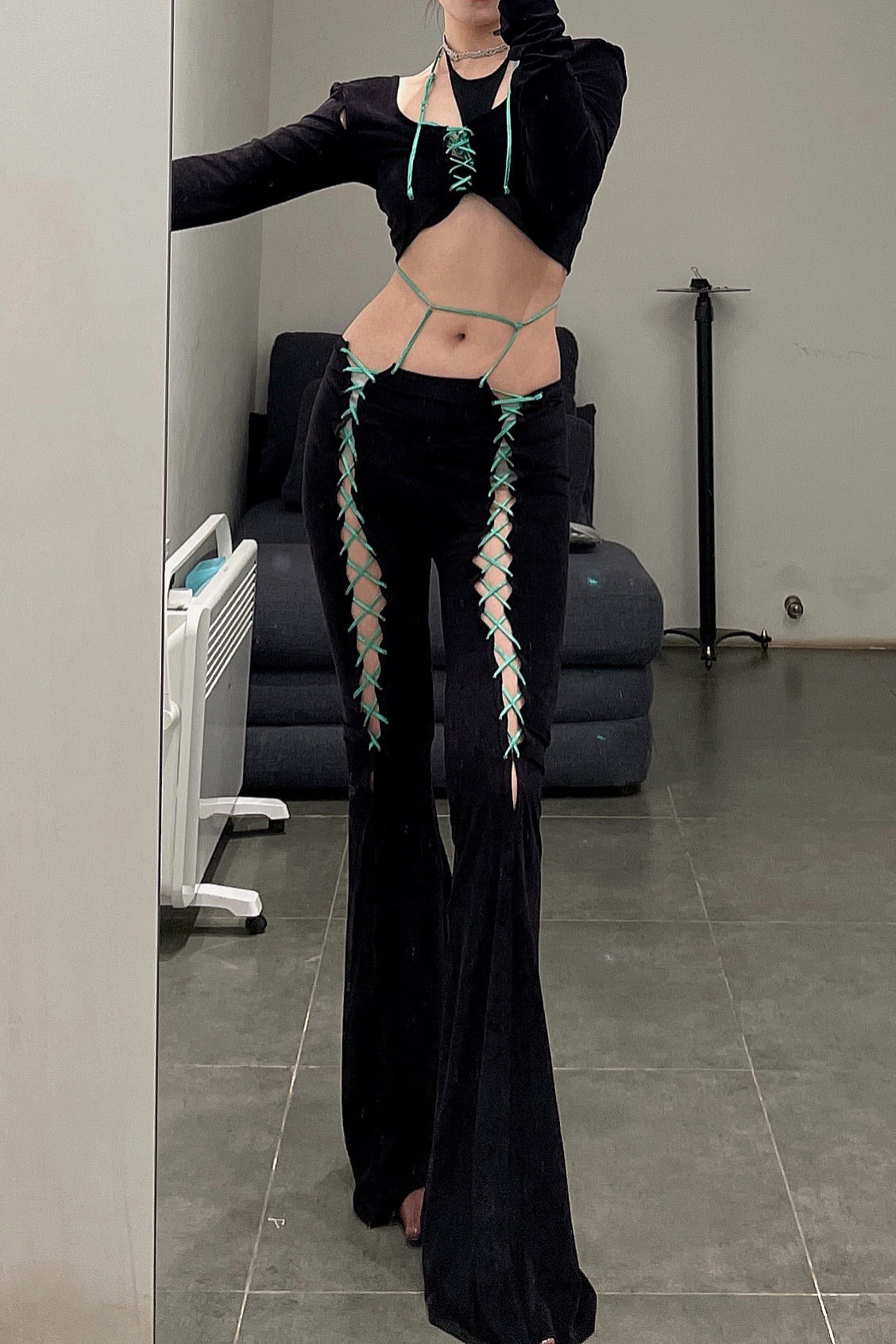 RUI Suede Lace-Up Flare Pants RSS22WV05 Onyx Black - Image 7