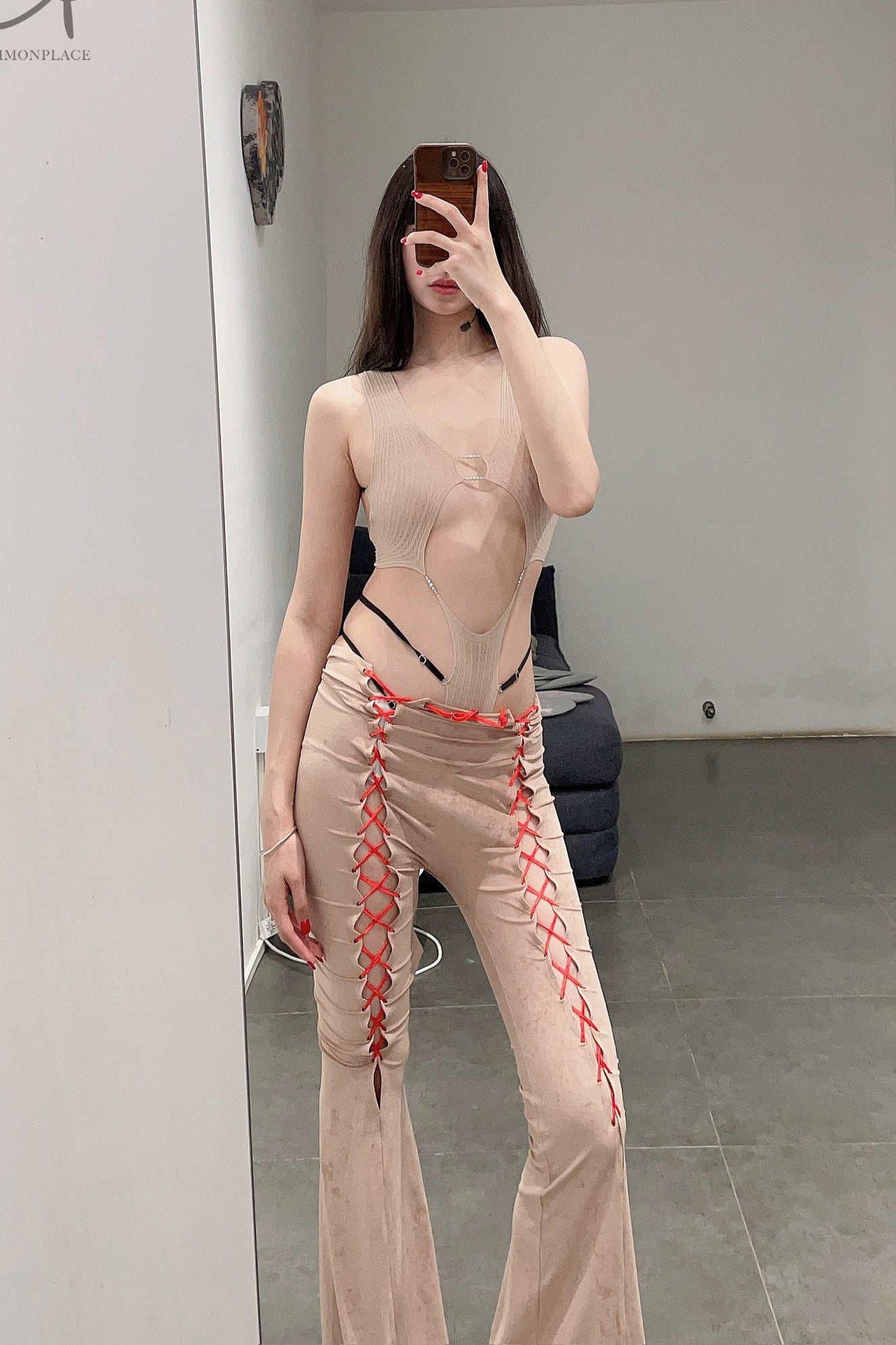 Rui Zhou Semi-transparent Strap Bodysuit Series RUI-RAW23SF02-YANMAI Oatmeal - Image 9