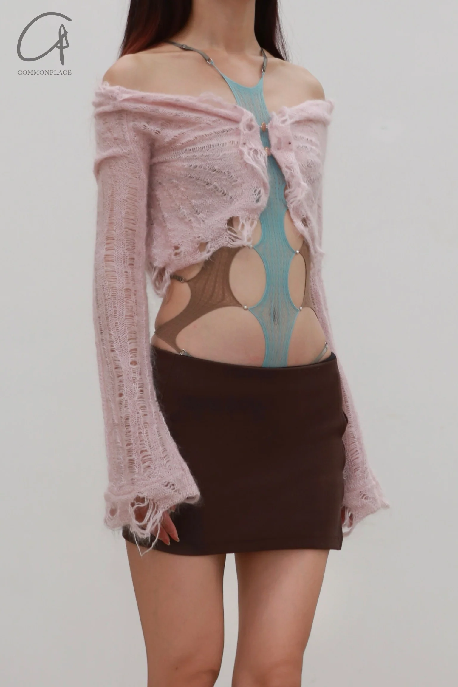 Rui Zhou 24 Autumn and Winter Beaded Floating Line Cardigan RUI-RAW24KN01-FEN Pink - Image 2