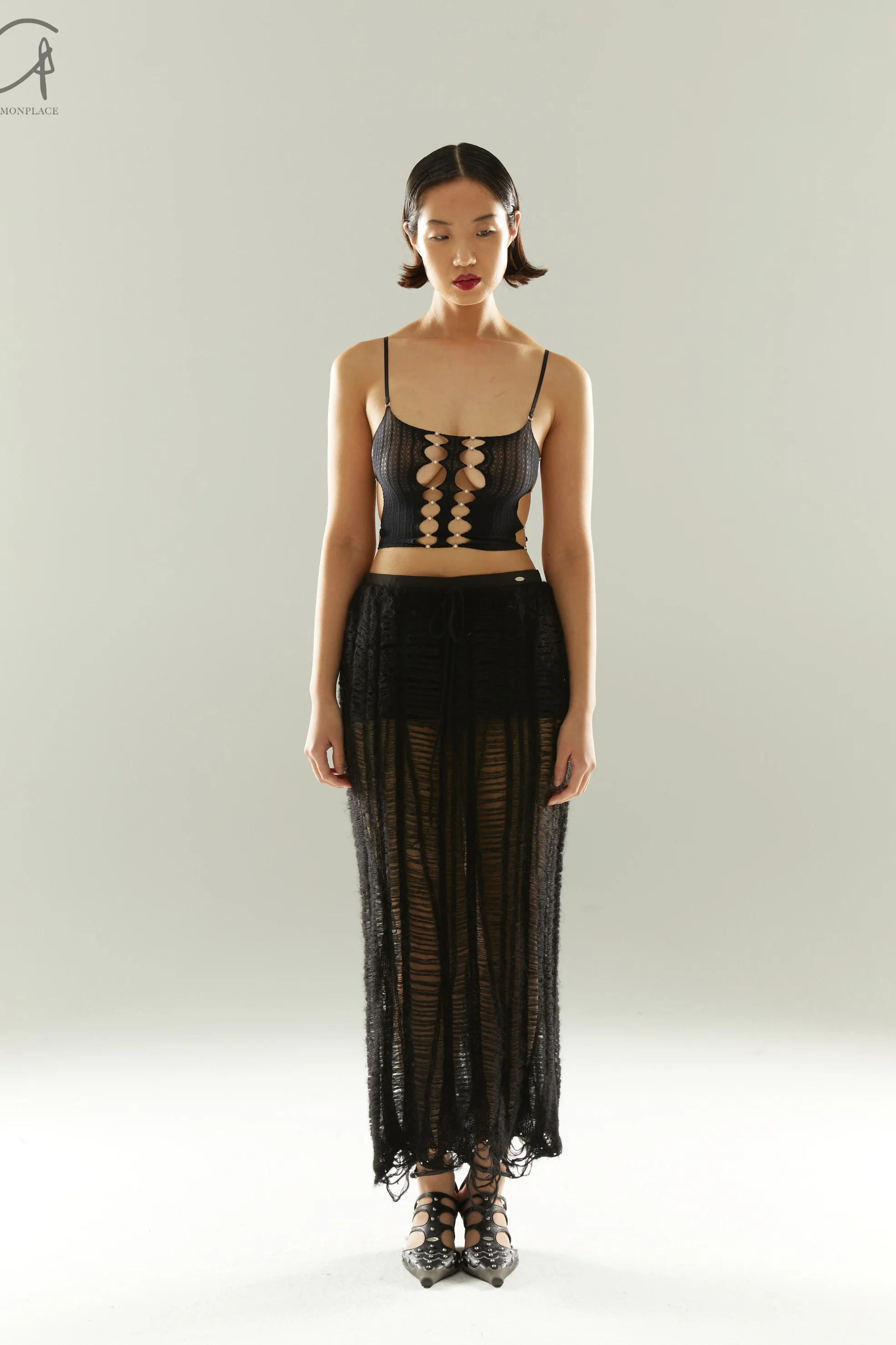 RUI ZHOU 24 autumn and winter beaded floating line skirt RUI-RAW24KN03-HEI black - Image 5