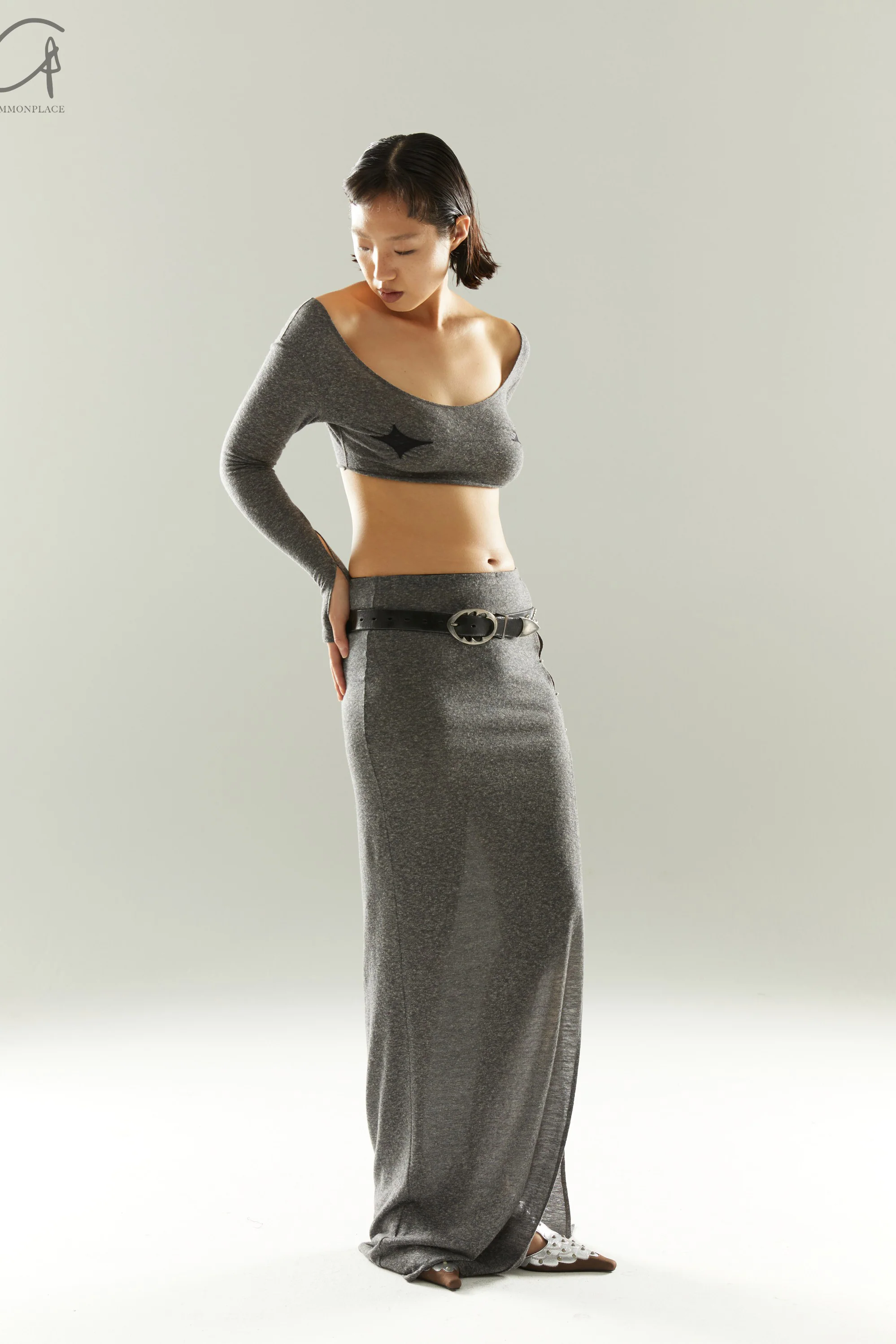 Rui Zhou 24 Autumn and Winter Beaded Slit Maxi Skirt RUI-RAW24WV02-HGY Granit - Image 14