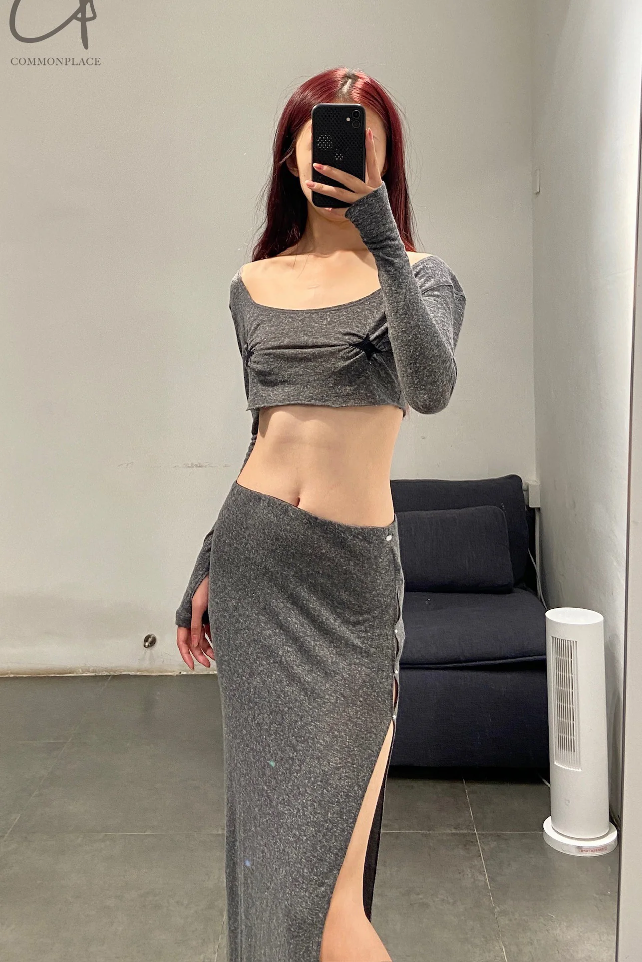 Rui Zhou 24 Autumn and Winter Beaded Slit Maxi Skirt RUI-RAW24WV02-HGY Granit - Image 17