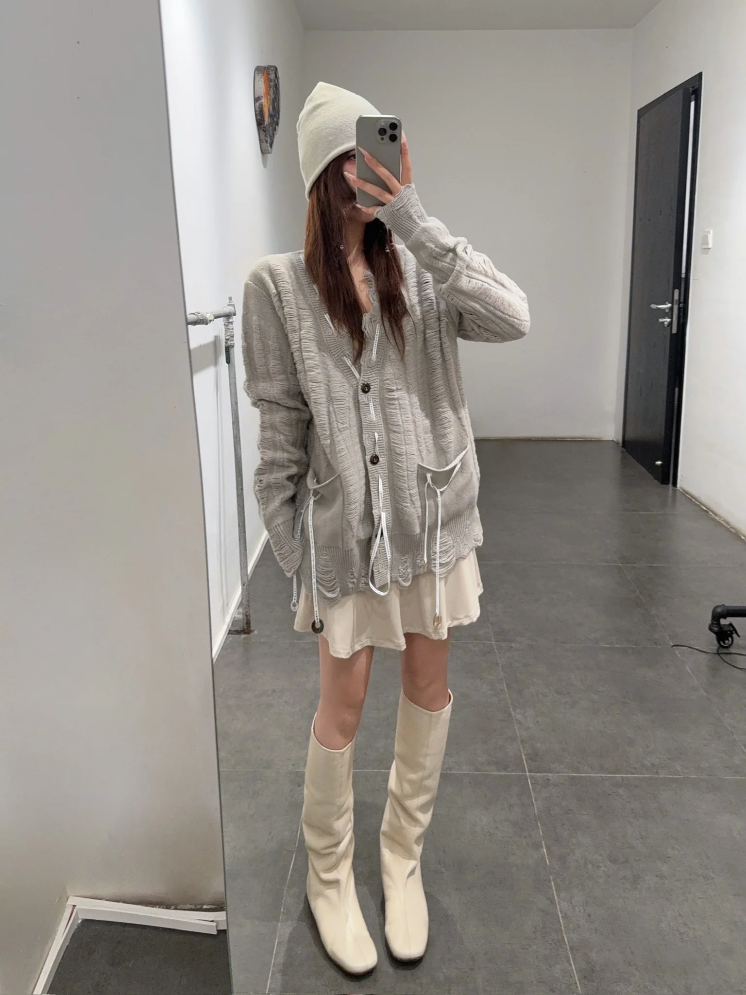 Rui Zhou 25 Autumn/Winter Lace-up Wool Floating Line Long Cardigan RUI-RAW25KN07-Smoke - Image 10