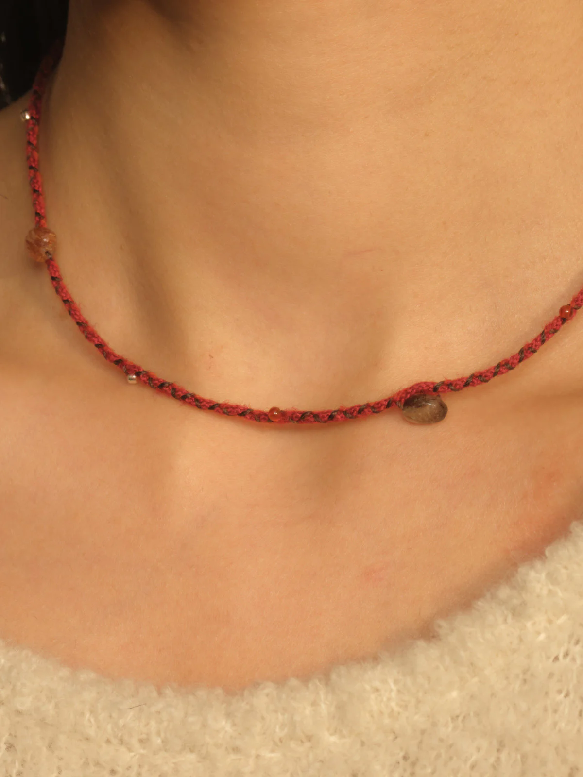 SALE E PEPE Sterling Silver Antique Bronze Rutilated Quartz Red Rope Necklace SEP-SP05N35-HY Red/Silver - Image 8