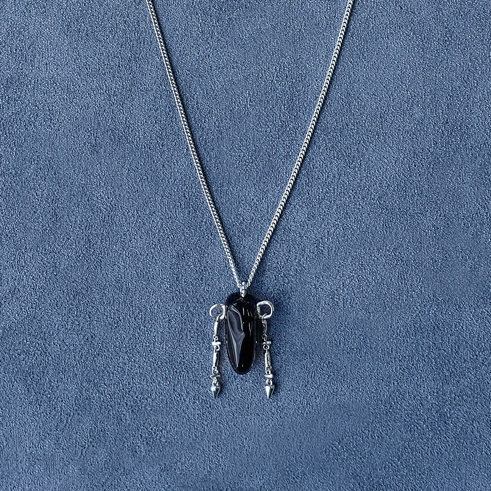 SALE E PEPE Sterling Silver Black Agate Statue Necklace SEP-SP03N13-HY Black Silver
