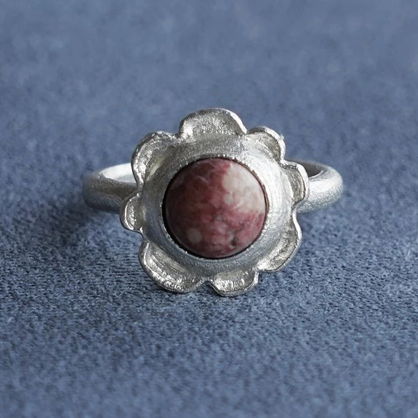 SALE E PEPE Sterling Silver/Gold Plated Pebble Flower Ring SEP-SP02F01-HONGYIN Red/Silver