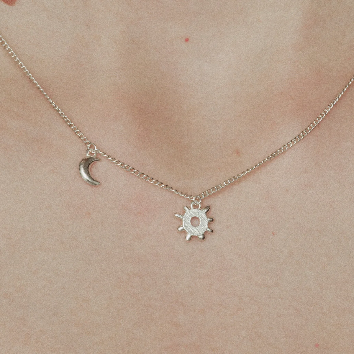 SALE E PEPE Sterling Silver/Gold Plated Sun and Moon Necklace SEP-SP03N14-YIN Silver - Image 2