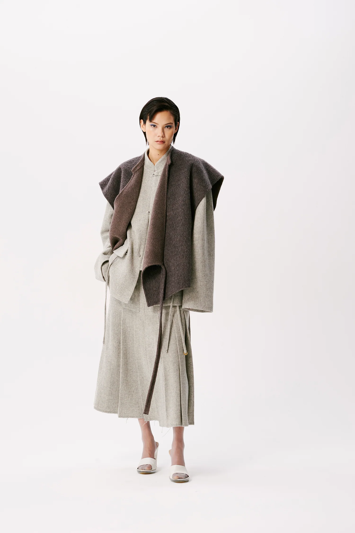 SAMUEL GUI YANG 25 Autumn and Winter Drawstring Jacket/Belt Scottish Tweed Wool Skirt SGY-AW25BMWJT08-1-1-GREY MELANGE Jacket - Image 7