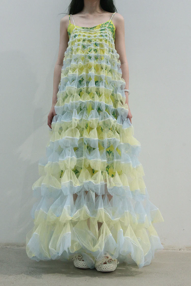 Susanfang multicolor stitching suspender skirt (with petticoat) AW21DRE24POLMULTI - Image 8