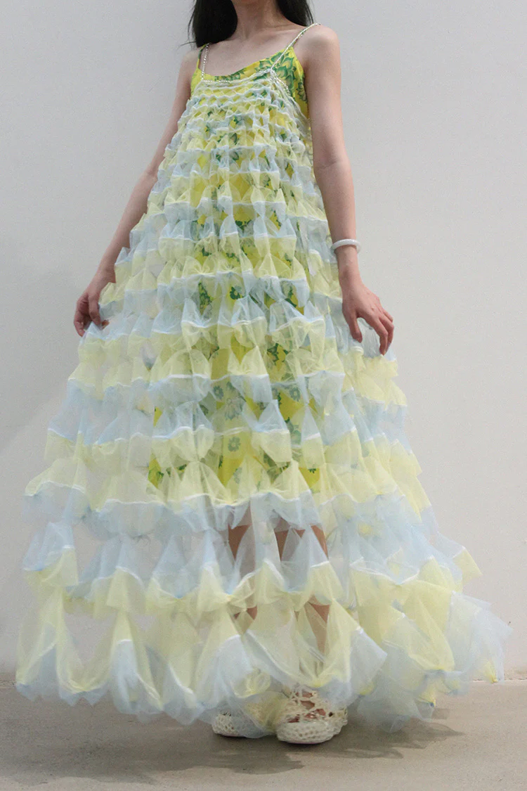 Susanfang multicolor stitching suspender skirt (with petticoat) AW21DRE24POLMULTI - Image 9