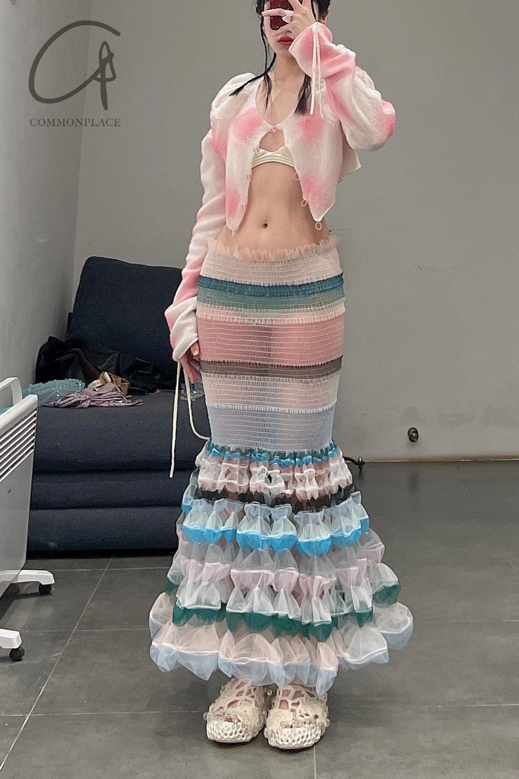 Susanfang Pink Printed Cashmere Bubble Button Long Sleeve Short Top SS22TOP37CASMPPRT PSSF9 - Image 10