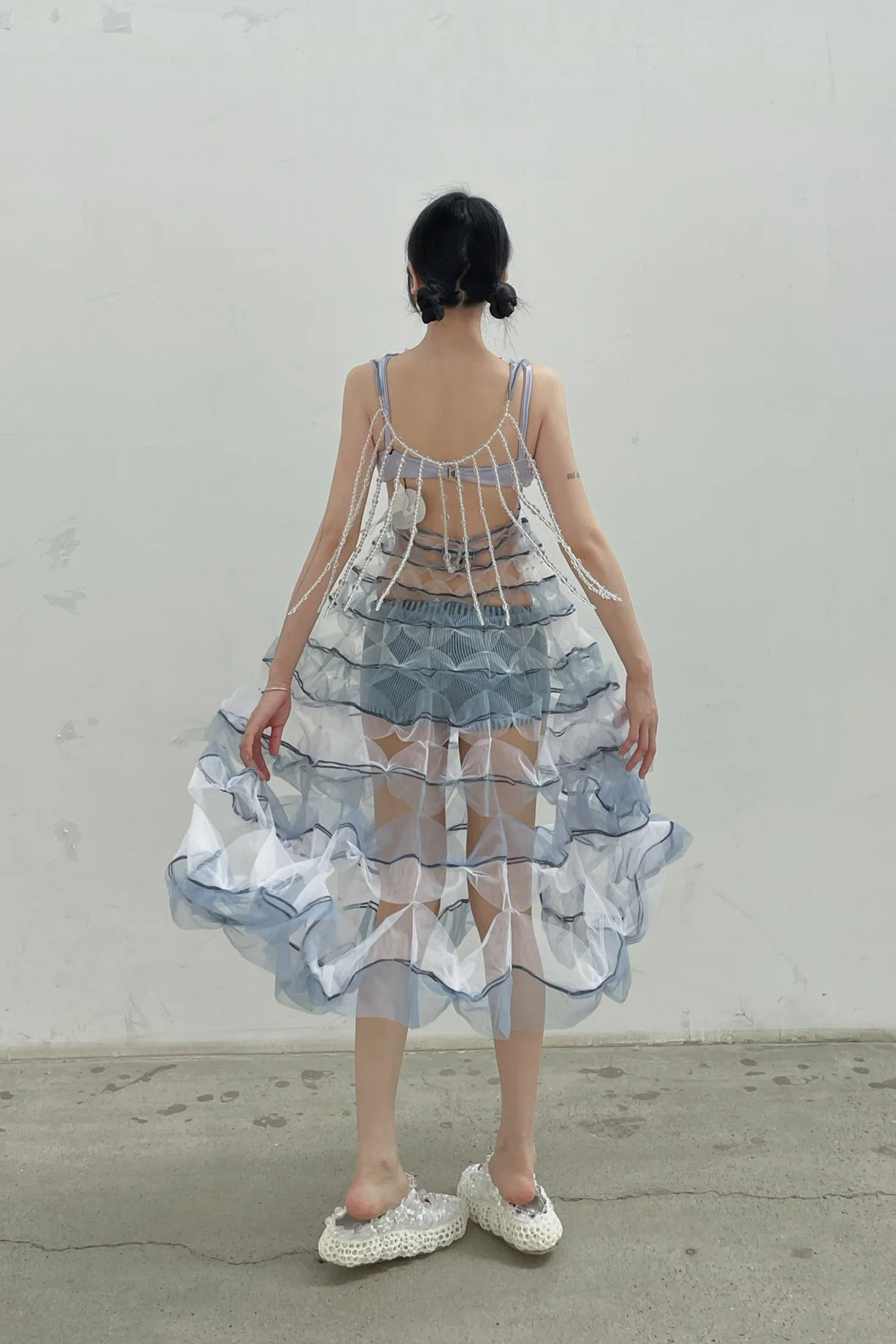 Susanfang shoulder strap hanging bead suspender skirt (with petticoat) AW21DR026ORG-BLUEWHT blue and white - Image 4