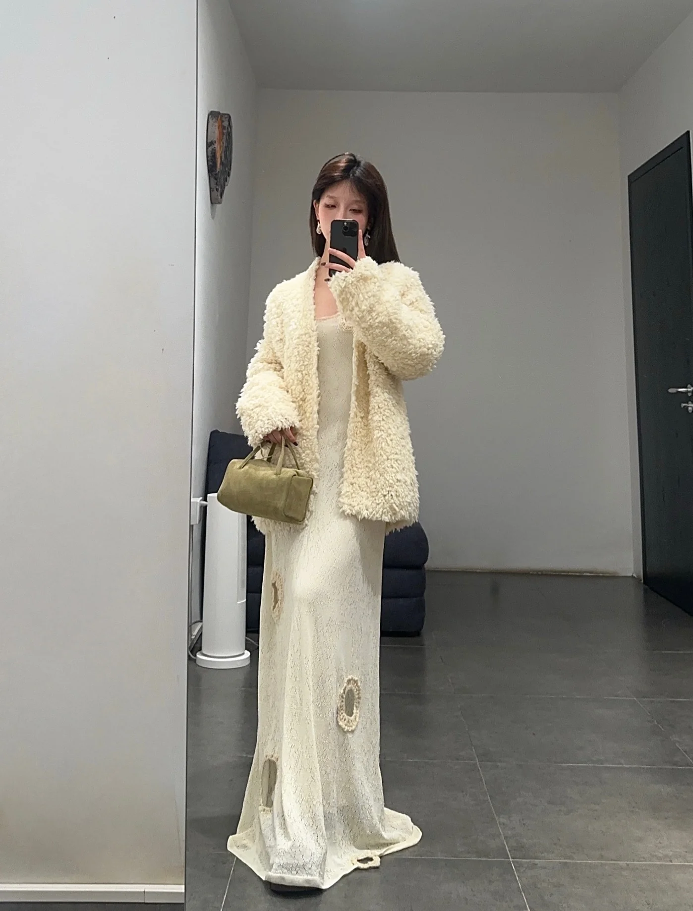 SWAYING 24 Autumn and Winter Crochet Splicing Suspender Long Skirt SW-SW24AW2L08-BAI White - Image 7
