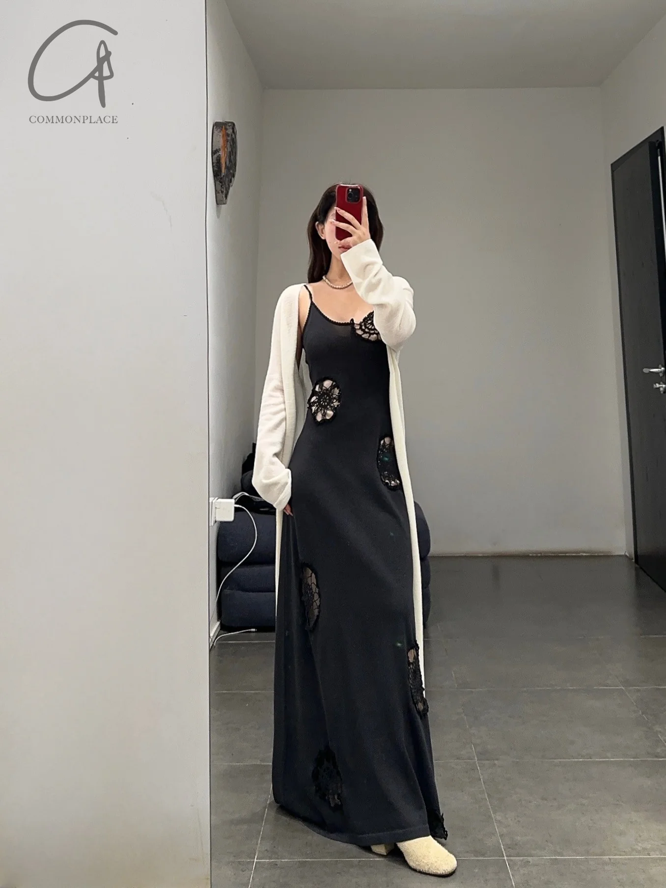 SWAYING 24 Autumn and Winter Crochet Splicing Suspender Long Skirt SW-SW24AW2L09-HEIHUI Black and Gray SW-SW24AW2L08 - Image 10
