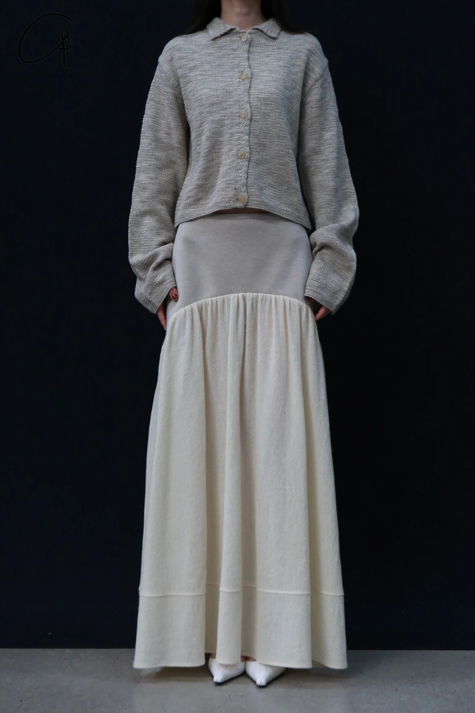 SWAYING 24 Autumn and Winter Wool Splicing Large Swing Skirt SW-SW24AW3B26-MIBAI Beige - Image 2