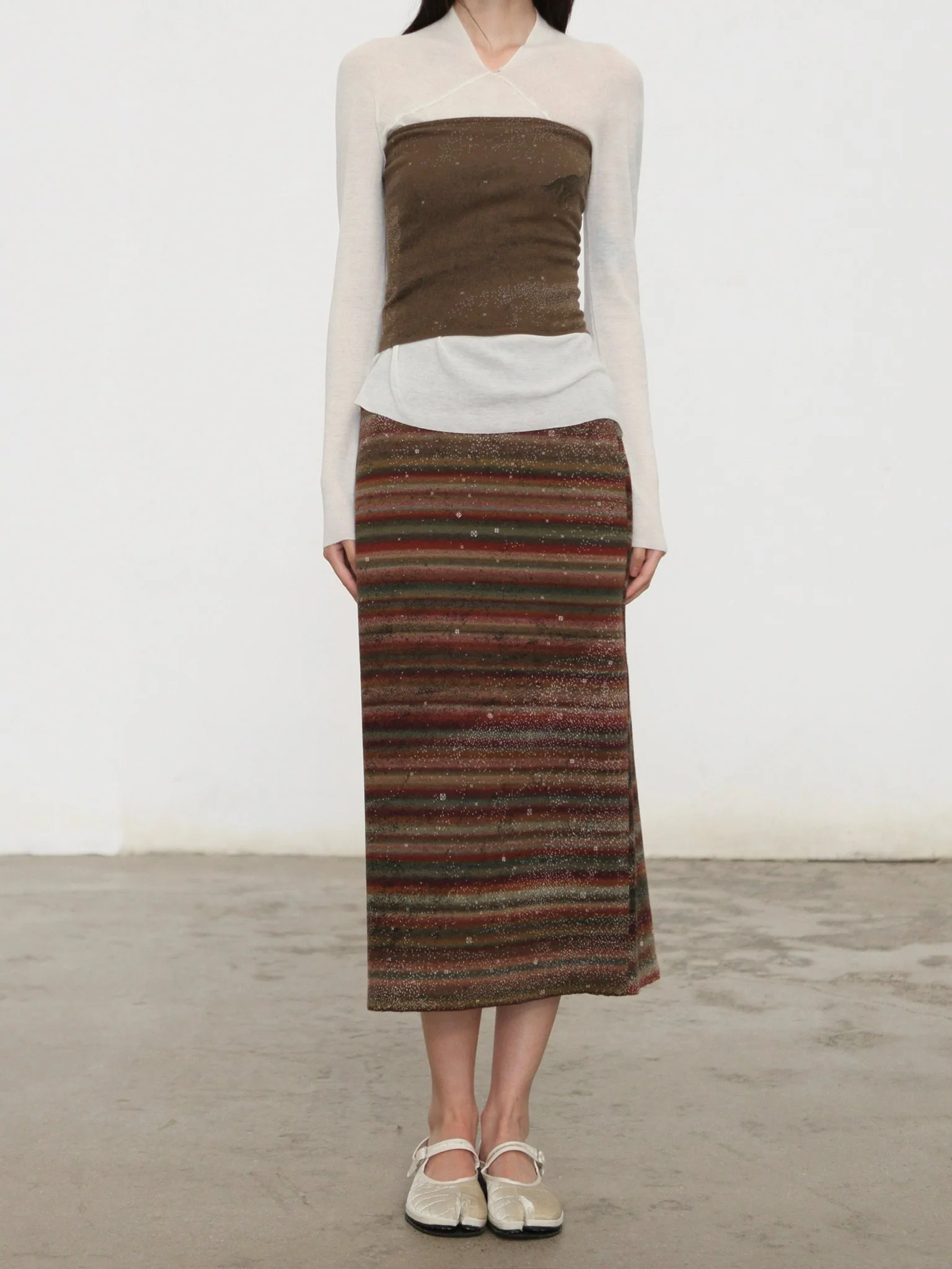 SWAYING 26 Early Spring Gradient Striped Midi Skirt SW-SW26PS3B07C1-LZ Green-Brown - Image 8
