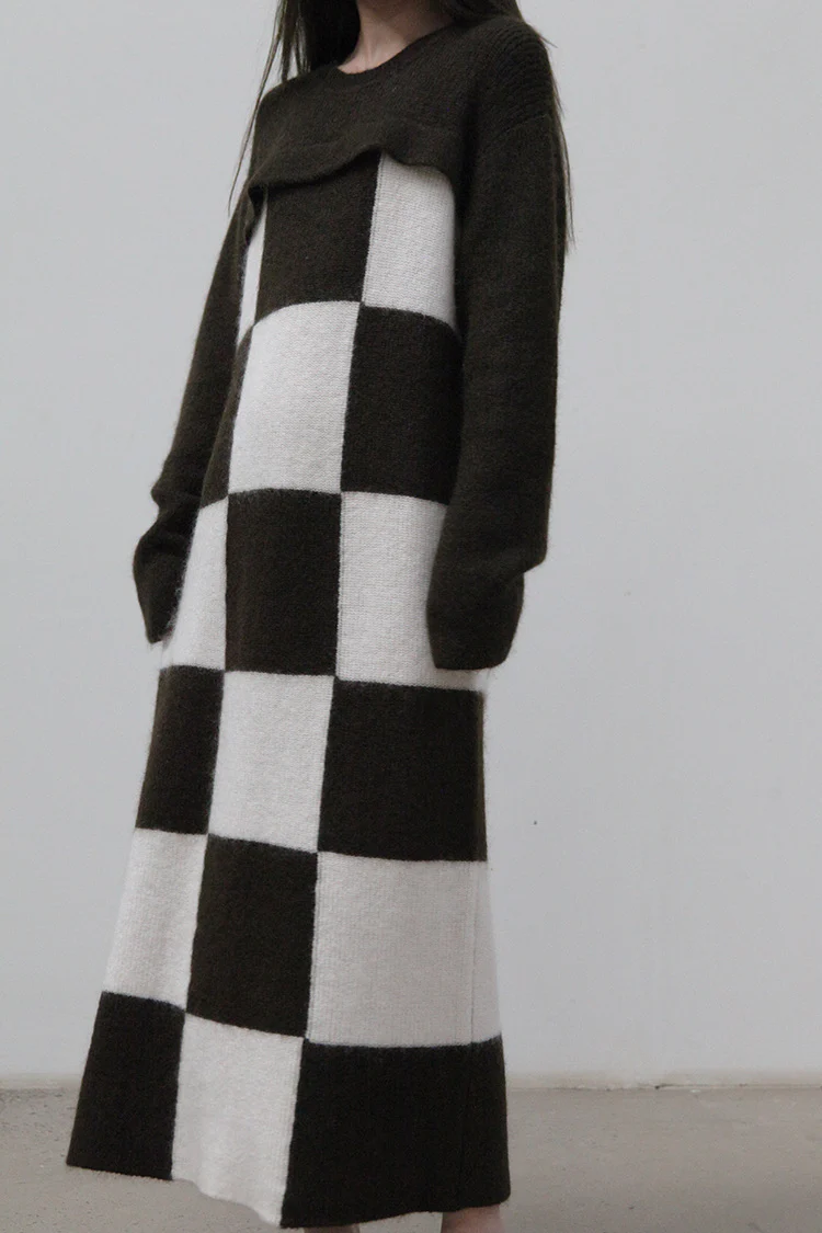 SWAYING/KNIT Checkerboard Dress SW212LS06 Brown/White PS40 - Image 4