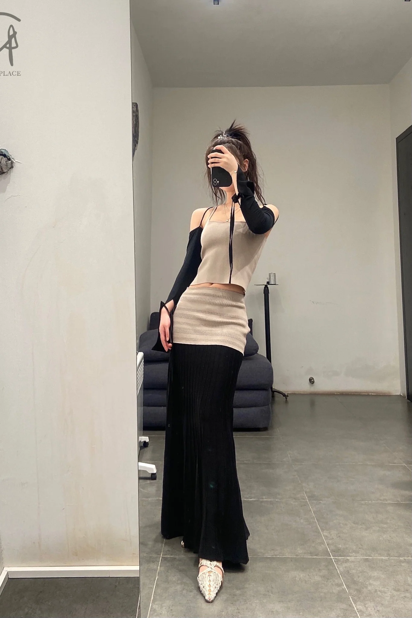 SWAYING/KNIT dark pattern waist pleated skirt SW22SSB25 dark tea/black - Image 5