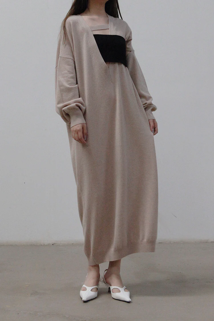SWAYING/KNIT Deconstructed v-neck dress (with corset) SW212LS10 camel PS31 - Image 2