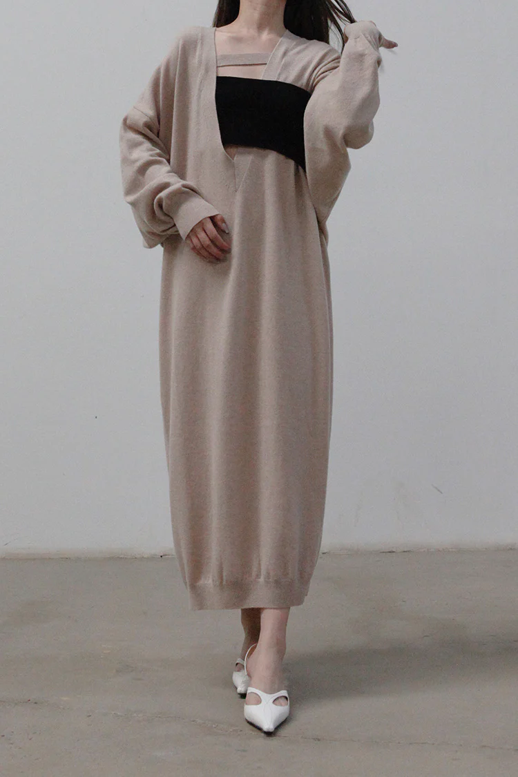 SWAYING/KNIT Deconstructed v-neck dress (with corset) SW212LS10 camel PS31 - Image 4