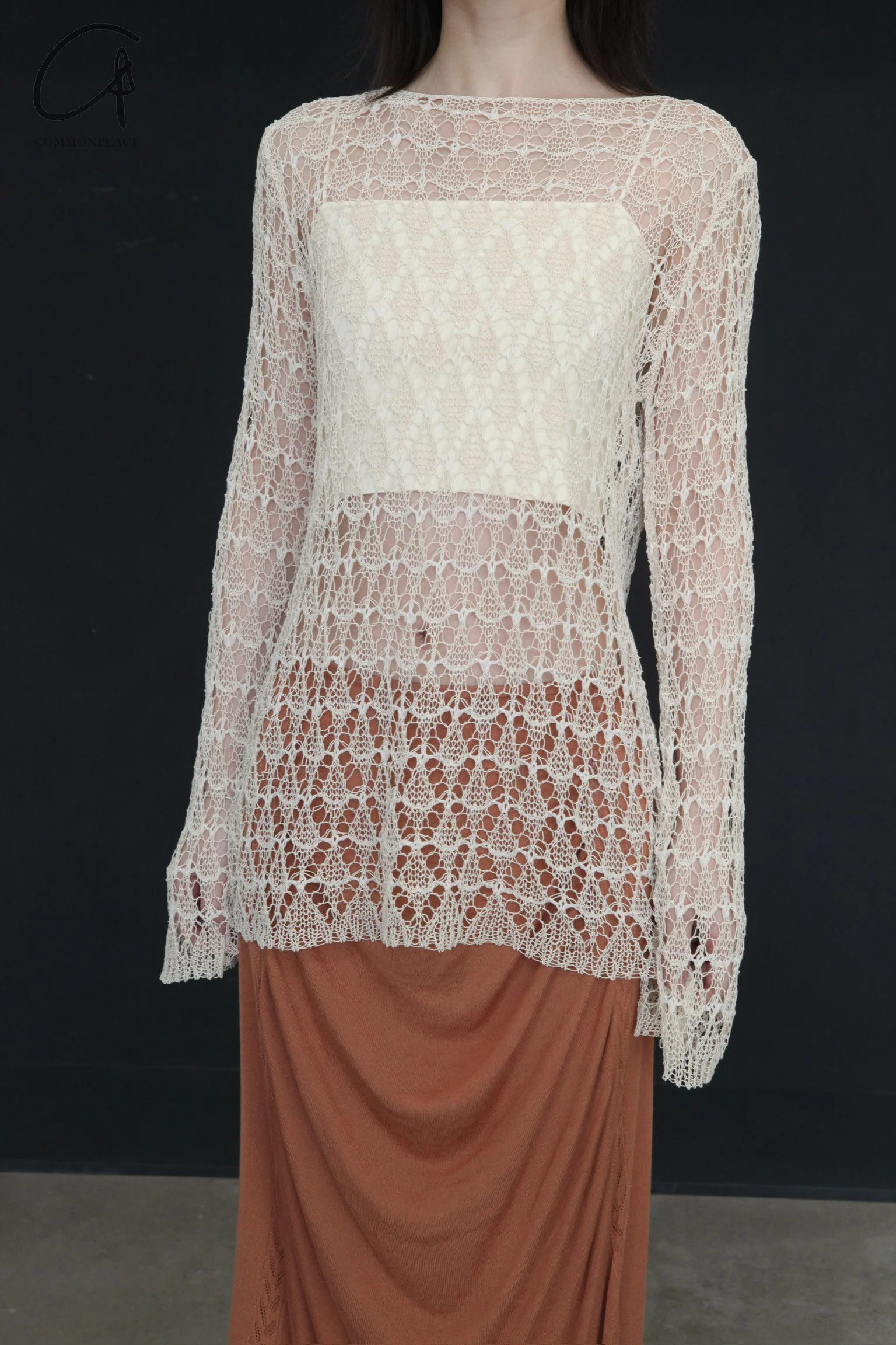 SWAYING/KNIT hollow eyelet long-sleeved top (two pieces) SW24SS1T54 apricot PS76 - Image 2