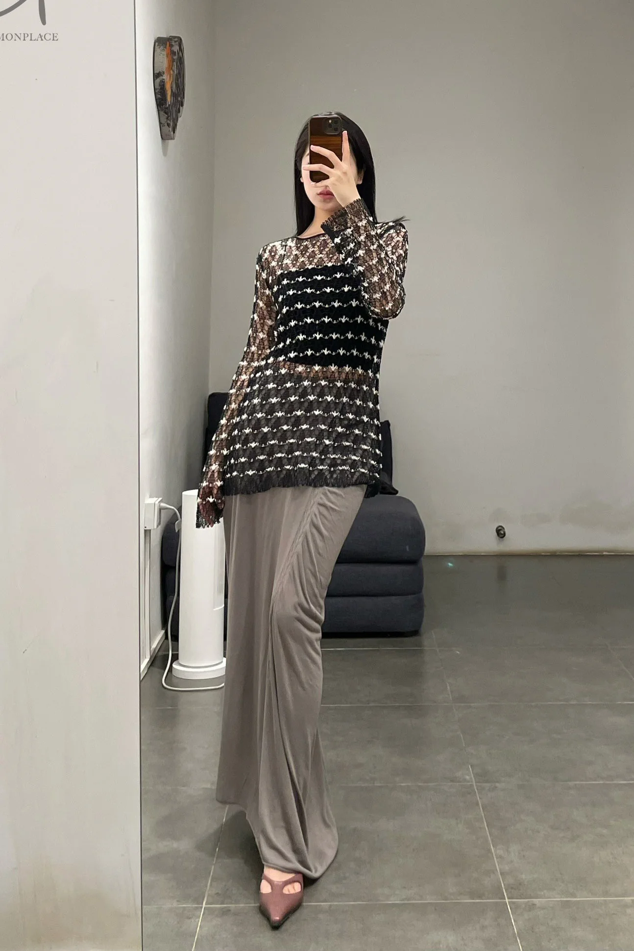SWAYING/KNIT Hollow eyelet long-sleeved top (two pieces) SW24SS1T55 black PS76 - Image 16