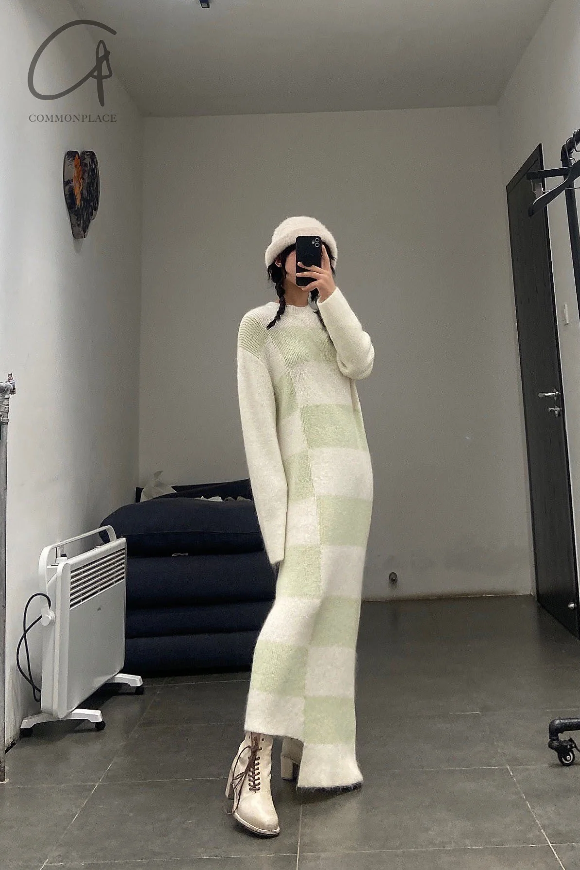 SWAYING/KNIT Irregular Mohair Dress SW212LS04 White/Light Green - Image 9