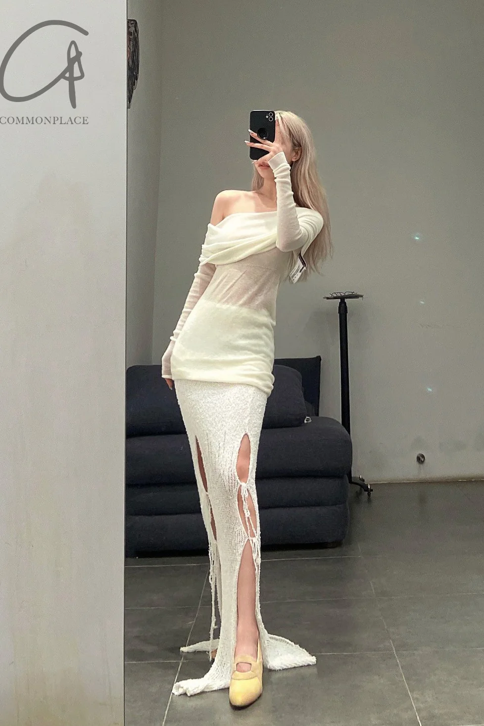 SWAYING/KNIT Japanese paper furry maxi skirt SW22SSB22 white - Image 37