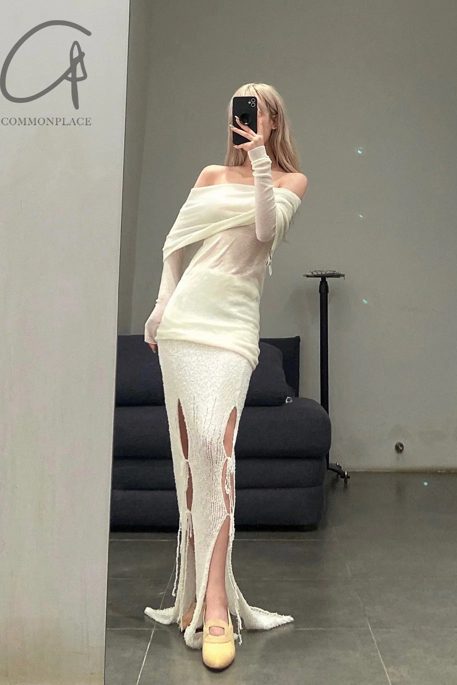 SWAYING/KNIT Japanese paper furry maxi skirt SW22SSB22 white - Image 38
