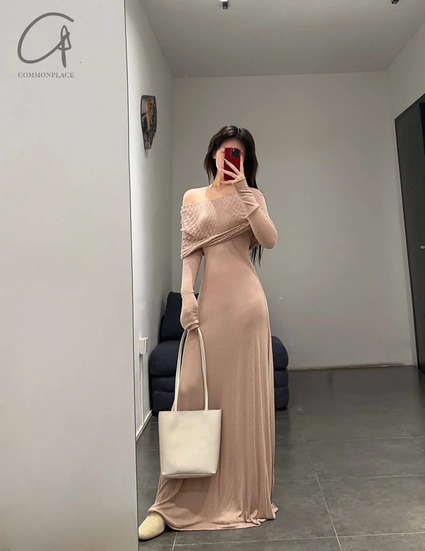 SWAYING/KNIT one-line collar cutout dress SW24SS2L24 pink apricot PS71 - Image 14
