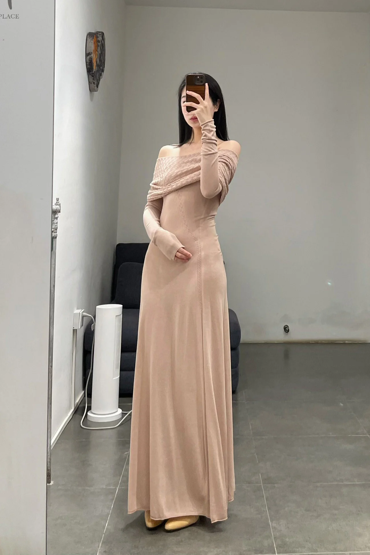SWAYING/KNIT one-line collar cutout dress SW24SS2L24 pink apricot PS71 - Image 16