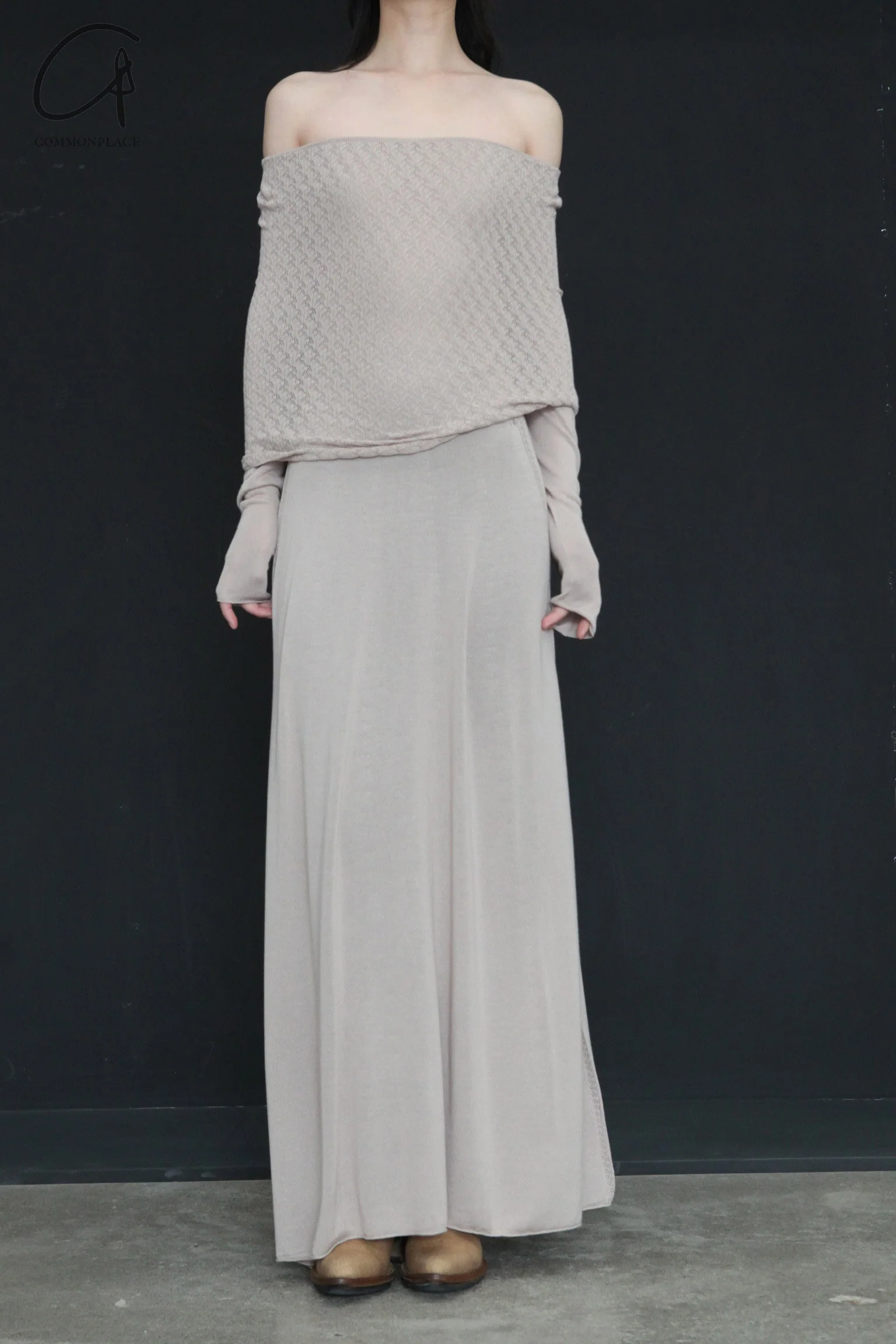 SWAYING/KNIT one-line collar cutout dress SW-SW24SS2L25-XINGREN almond color PS71