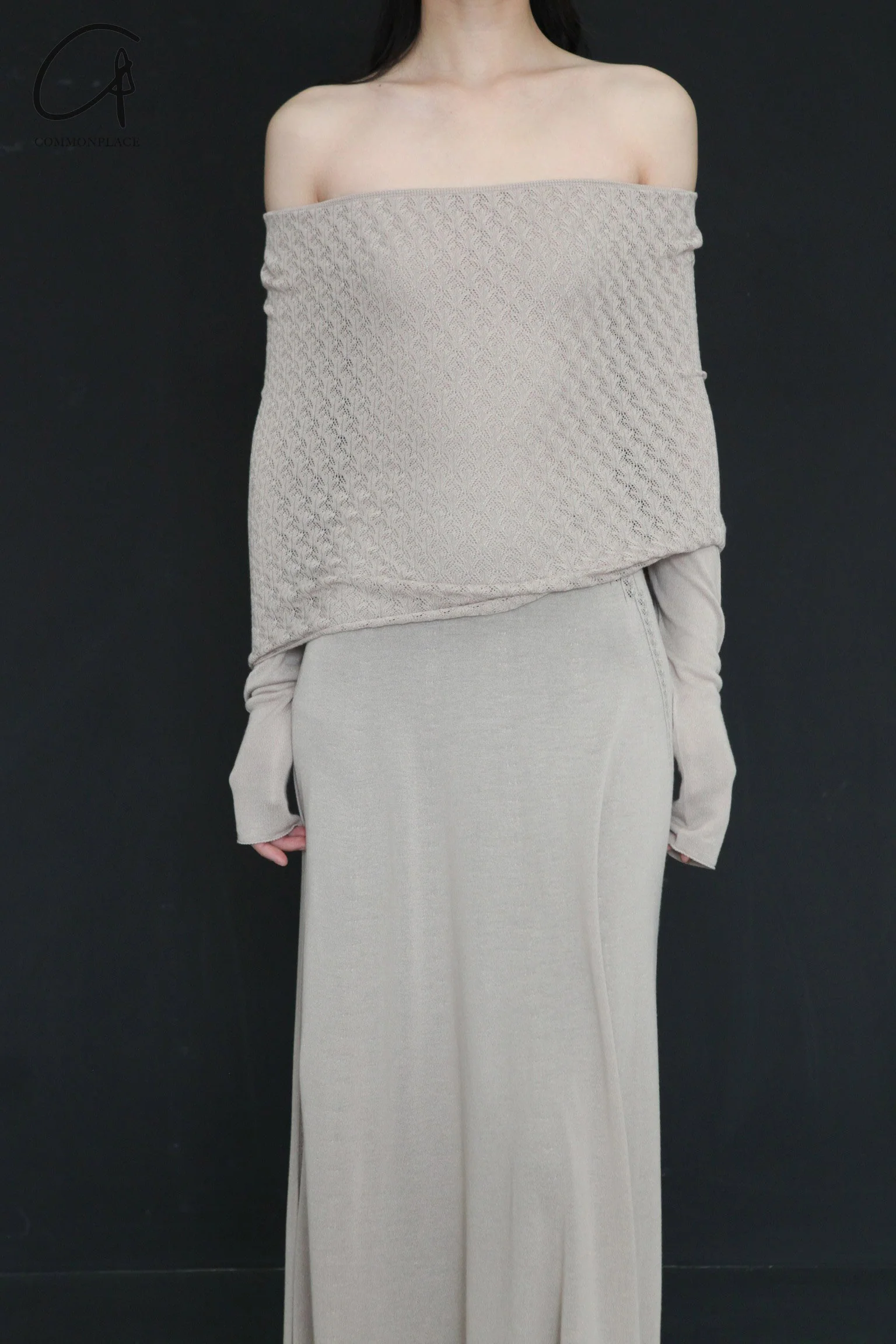 SWAYING/KNIT one-line collar cutout dress SW-SW24SS2L25-XINGREN almond color PS71 - Image 2