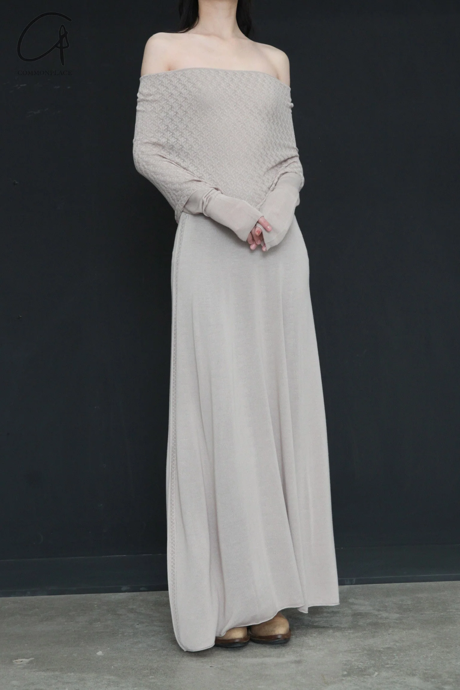 SWAYING/KNIT one-line collar cutout dress SW-SW24SS2L25-XINGREN almond color PS71 - Image 3