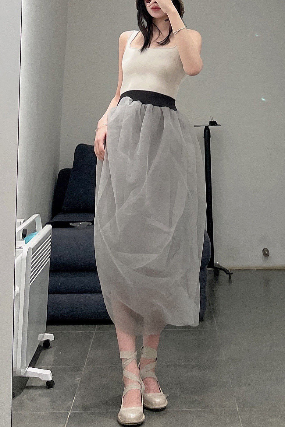 SWAYING/KNIT Organza Sling Swivel Skirt SW22SSL20 Beige/Dark Green PS44 - Image 6