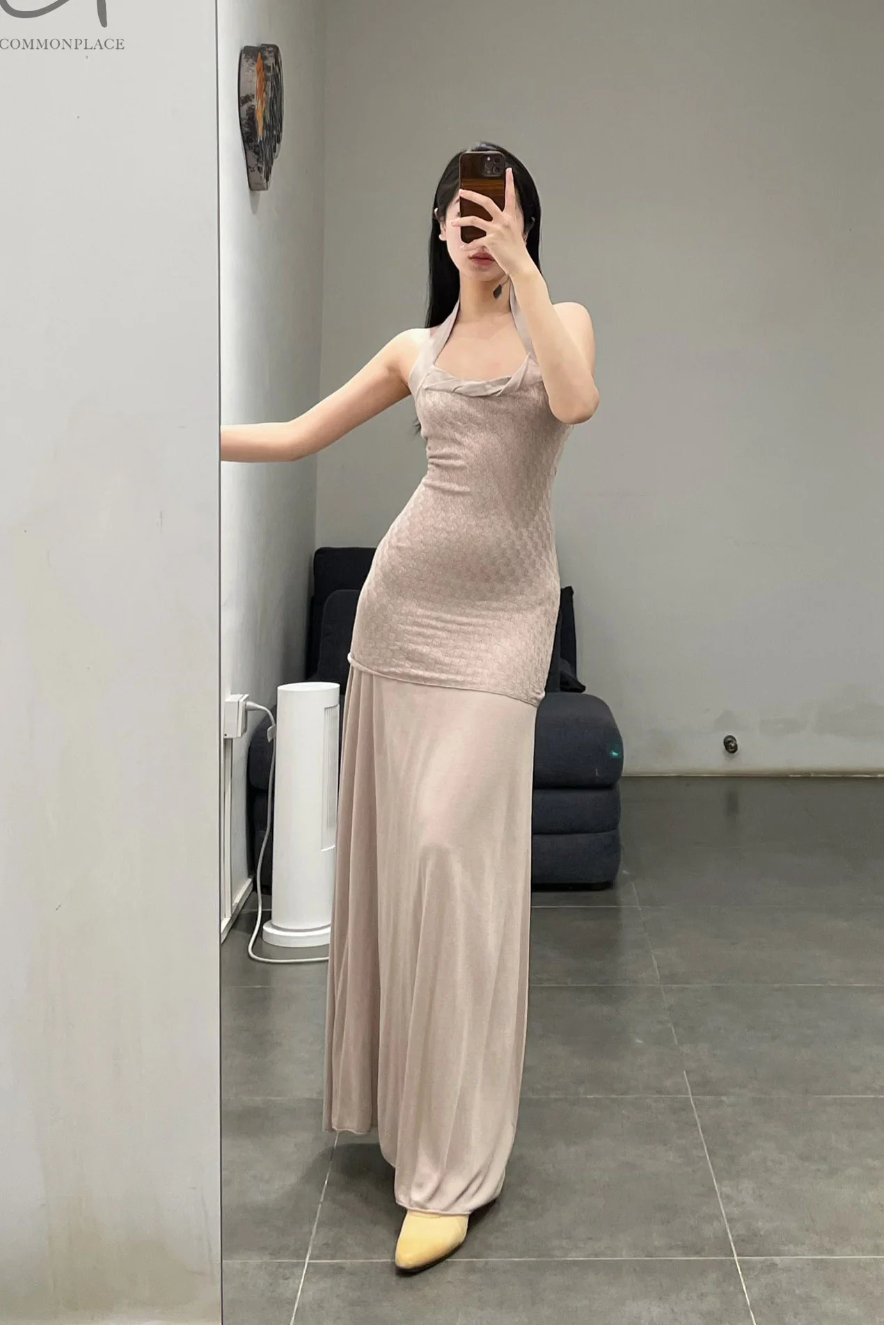 SWAYING/KNIT seamless halter neck long skirt SW24SS2L17 almond color PS68 - Image 17