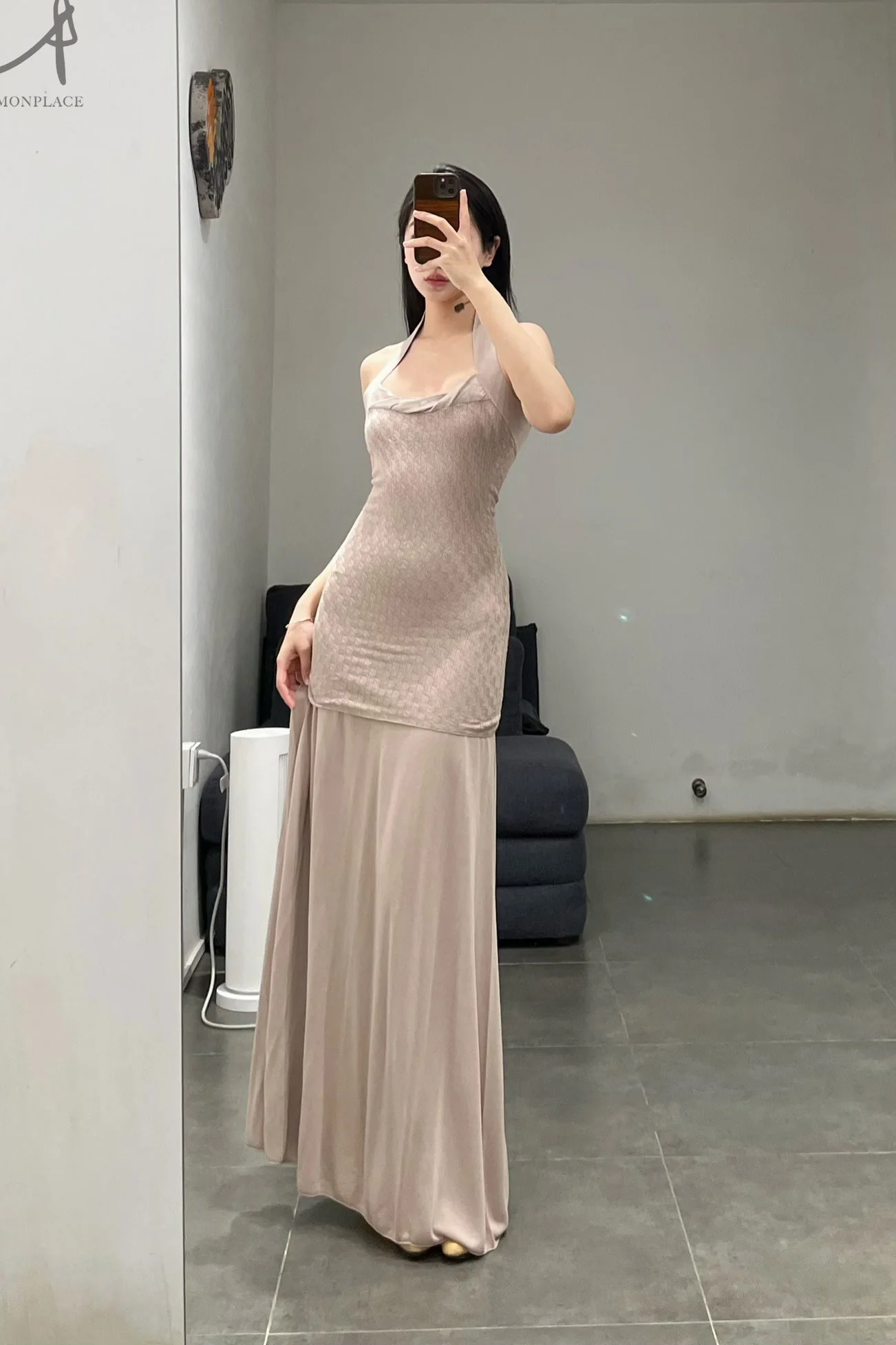 SWAYING/KNIT seamless halter neck long skirt SW24SS2L17 almond color PS68 - Image 18