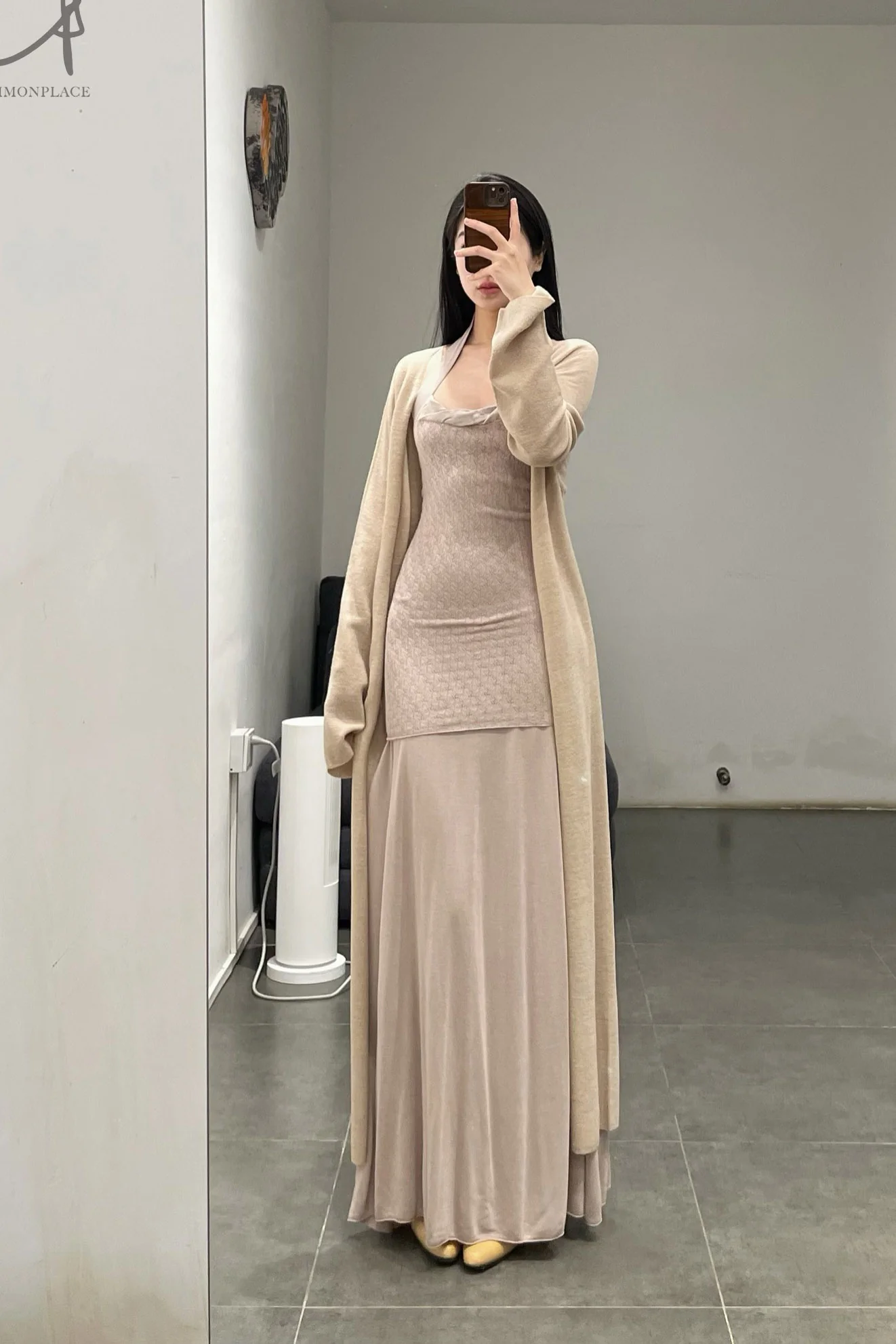 SWAYING/KNIT seamless halter neck long skirt SW24SS2L17 almond color PS68 - Image 19