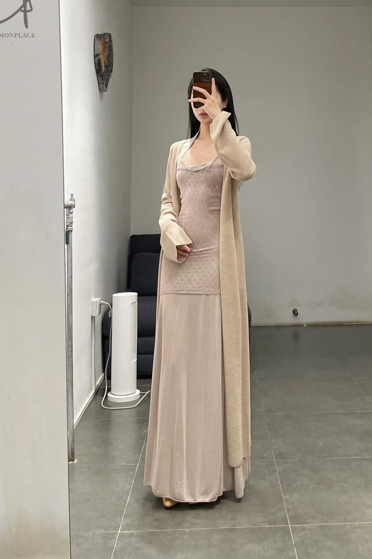 SWAYING/KNIT seamless halter neck long skirt SW24SS2L17 almond color PS68 - Image 20