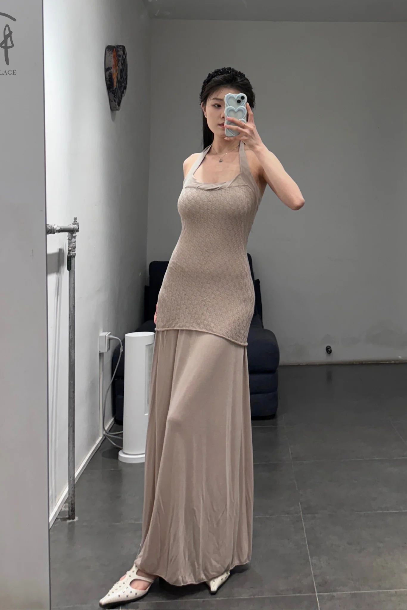 SWAYING/KNIT seamless halter neck long skirt SW24SS2L17 almond color PS68 - Image 21
