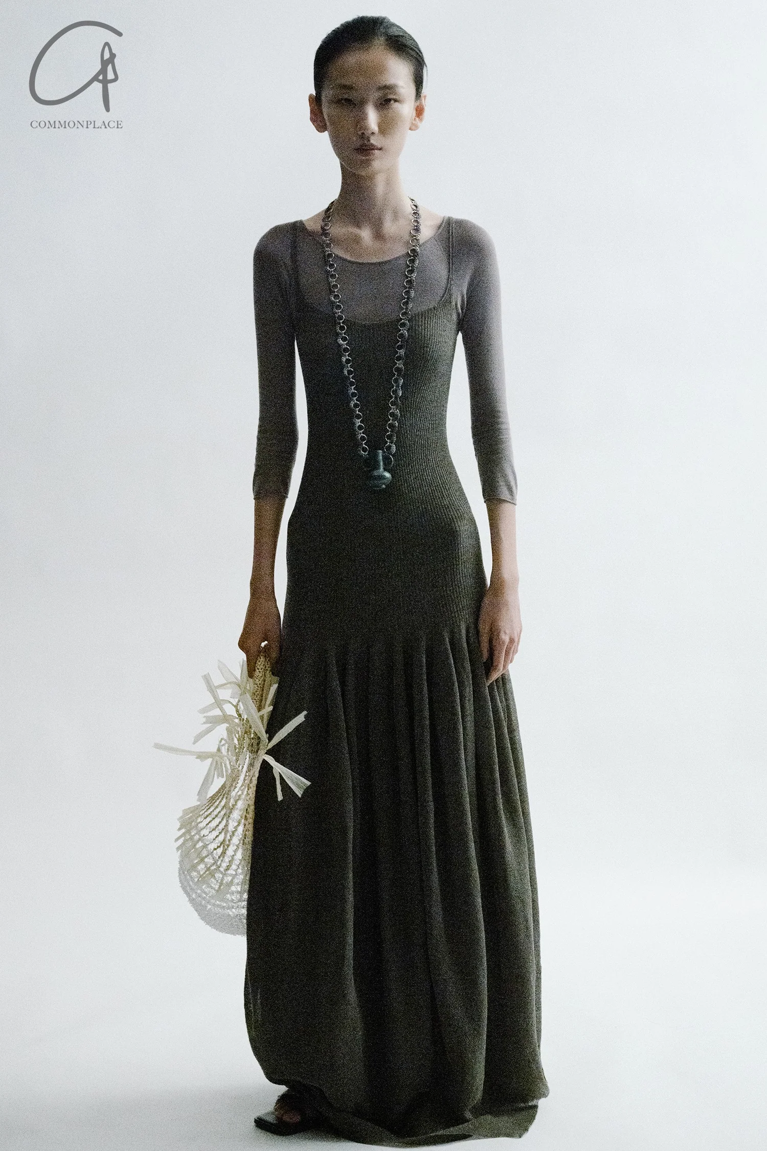 SWAYING/KNIT seamless three-quarter sleeve long skirt SW-SW24SS2L15-HUILV gray green PS69 - Image 16