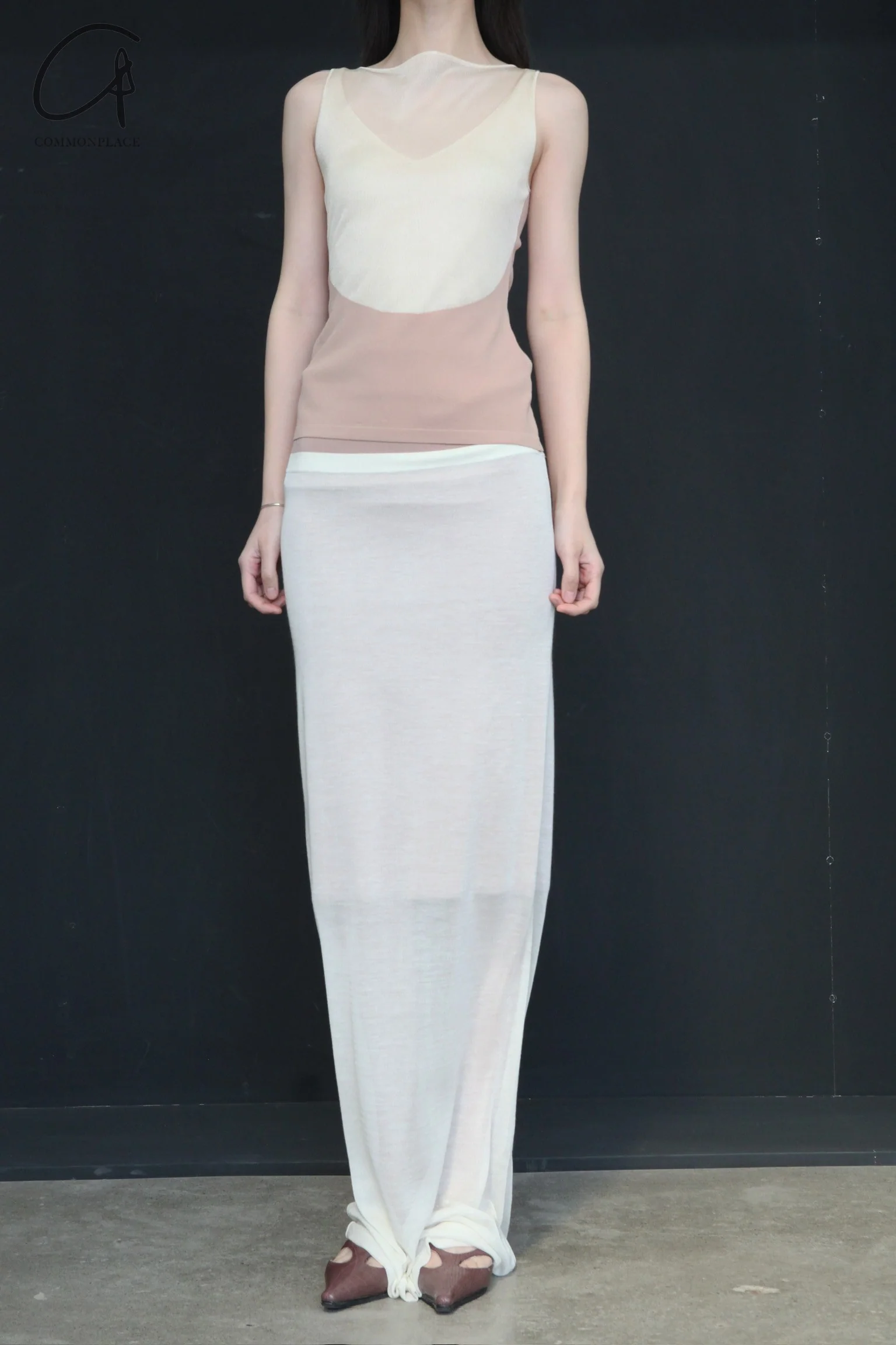 SWAYING/KNIT silk contrast fake two-piece long skirt SW24SS3B16 white PS80 - Image 12
