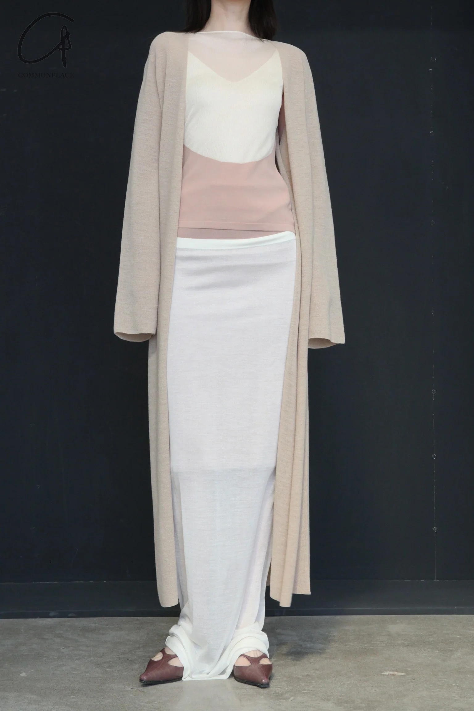 SWAYING/KNIT silk contrast fake two-piece long skirt SW24SS3B16 white PS80 - Image 13