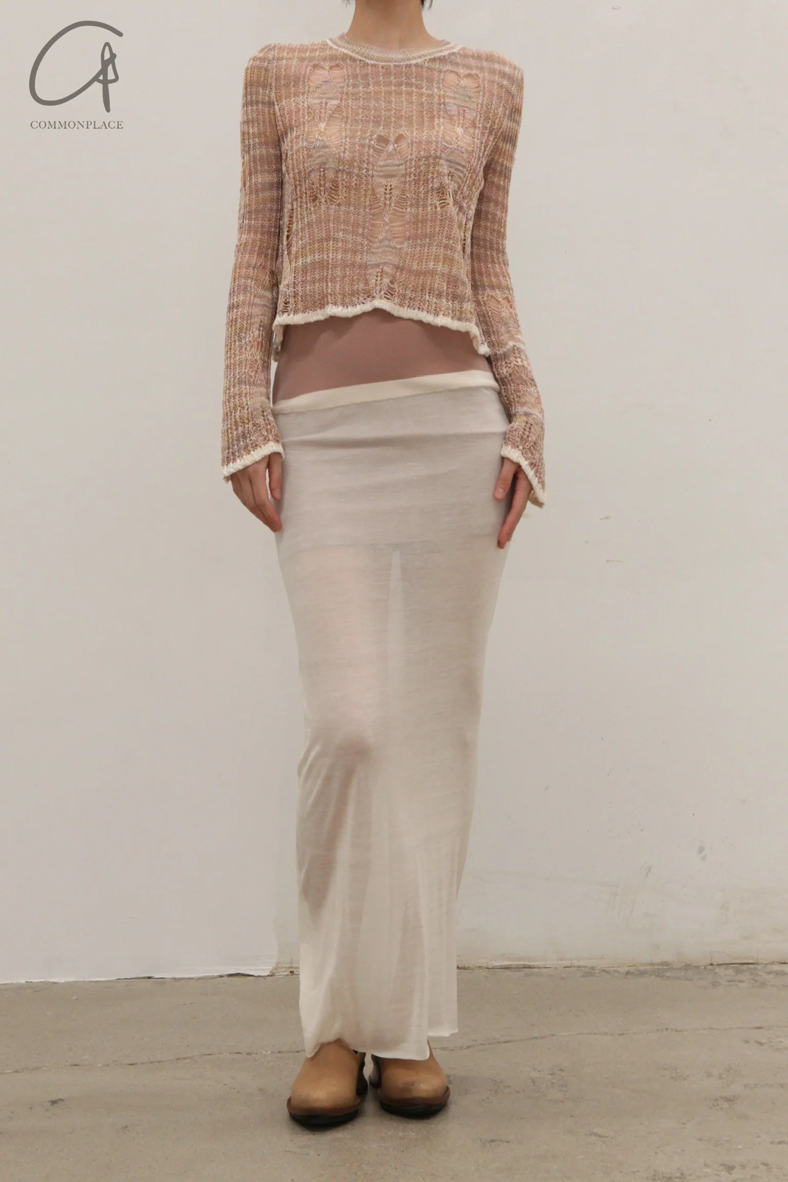 SWAYING/KNIT silk contrast fake two-piece long skirt SW24SS3B16 white PS80 - Image 14