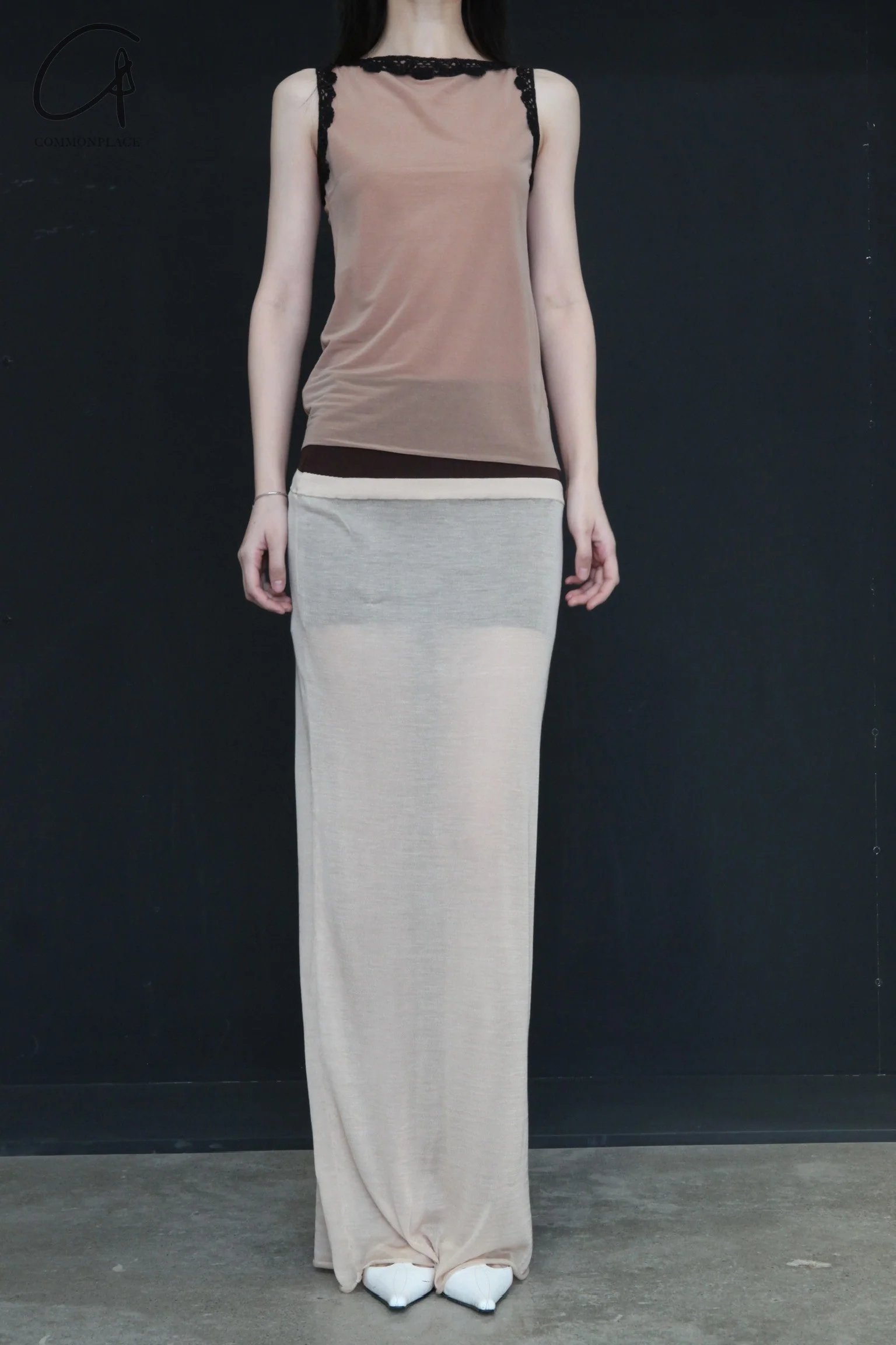 SWAYING/KNIT silk contrast fake two-piece long skirt SW24SS3B17 skin color PS80 - Image 13